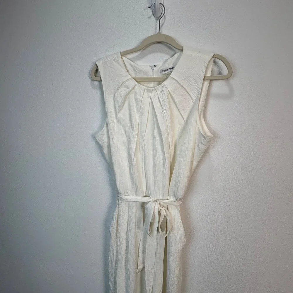 Calvin Klein Womens Sleeveless Crinkle Crepe Jumpsuit Size 14 Tie‎ Waist Onesie